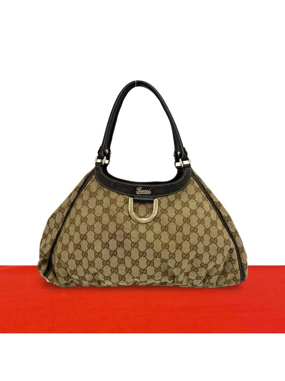 Gucci Logo GG Pattern Canvas Leather Tote Shoulder Bag Brown